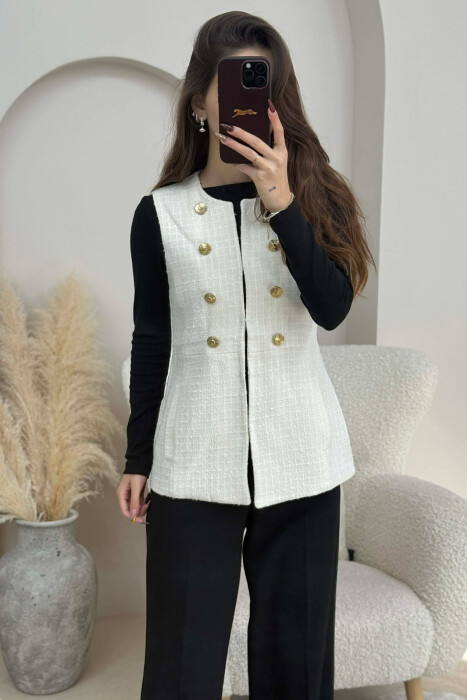 ONE COLOR SIMPLE GOLD BUTTONS DETAIL WOMEN VEST CREAM/KREM - 4