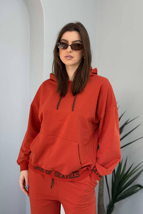 ONE COLOR SIMPLE HOODIE+JOGGERS WOMEN SET BRICK/TULLE - 2