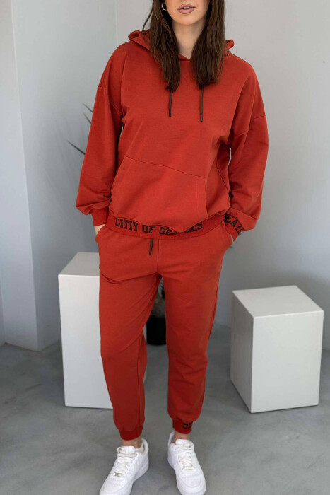 ONE COLOR SIMPLE HOODIE+JOGGERS WOMEN SET BRICK/TULLE - 3