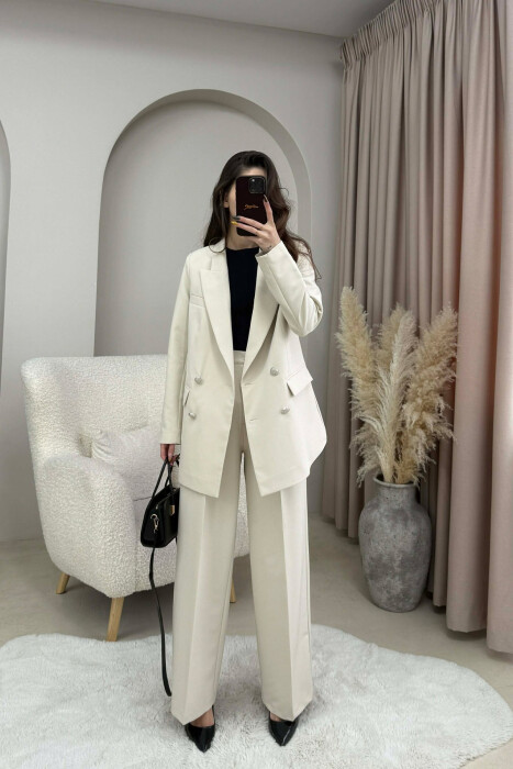 ONE COLOR SIMPLE JACKET+ TROUSERS WOMEN SET CREAM/KREM 