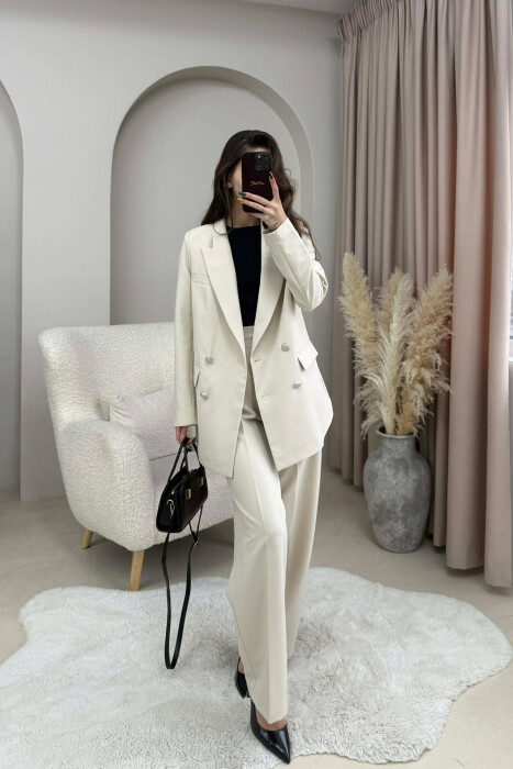 ONE COLOR SIMPLE JACKET+ TROUSERS WOMEN SET CREAM/KREM - 2