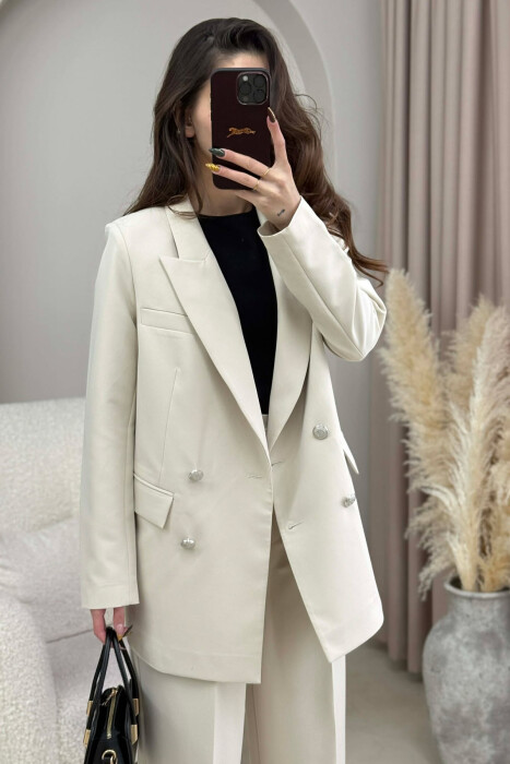 ONE COLOR SIMPLE JACKET+ TROUSERS WOMEN SET CREAM/KREM - 4