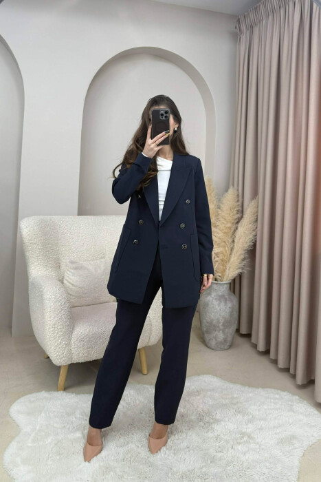 ONE COLOR SIMPLE JACKET+ TROUSERS WOMEN SET DARK BLUE/BEE 