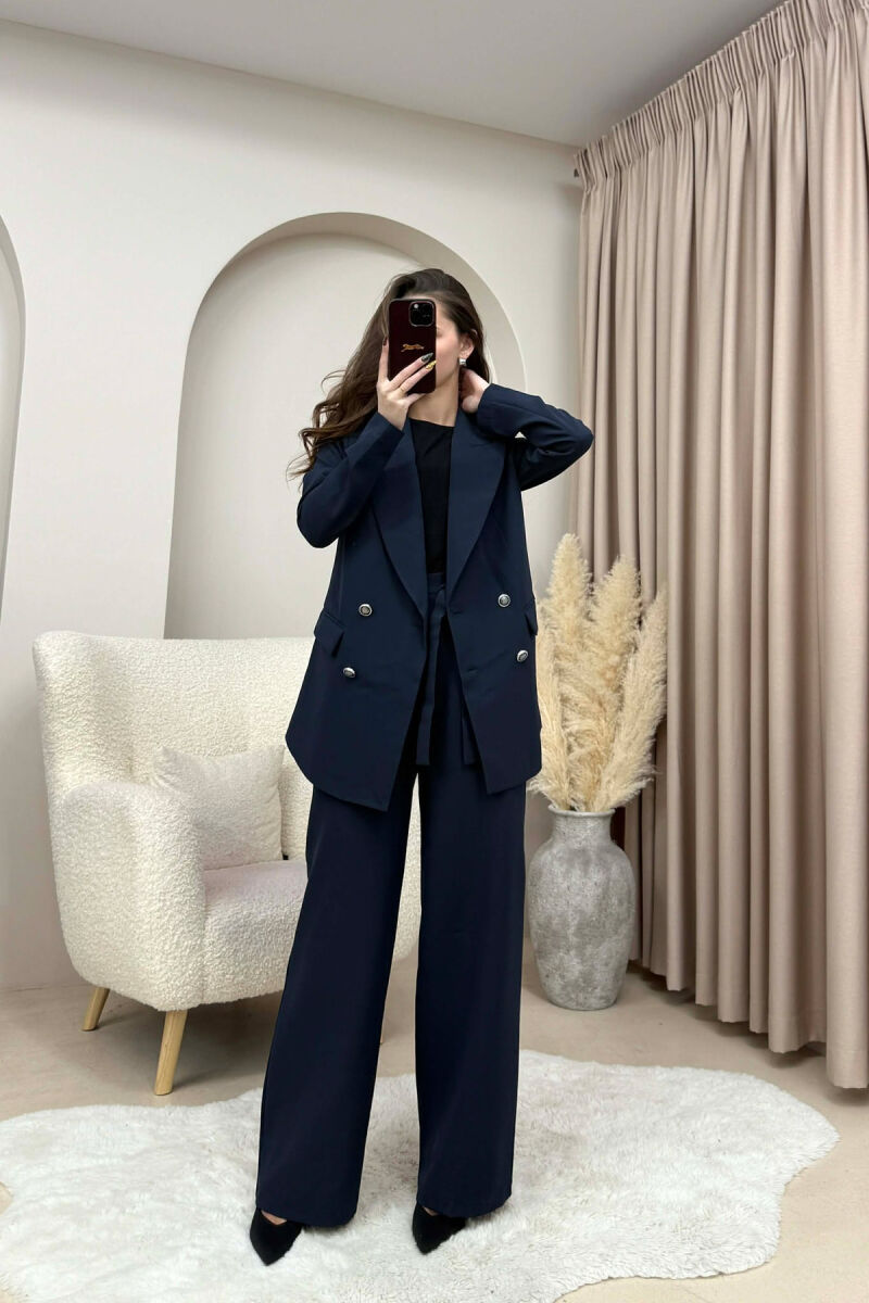 ONE COLOR SIMPLE JACKET+ TROUSERS WOMEN SET DARK BLUE/BEE - 1
