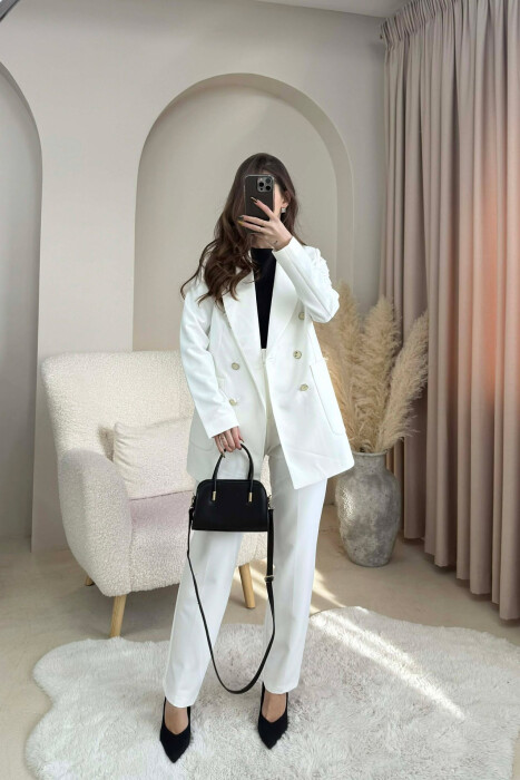 ONE COLOR SIMPLE JACKET+ TROUSERS WOMEN SET WHITE-E BARDHE 