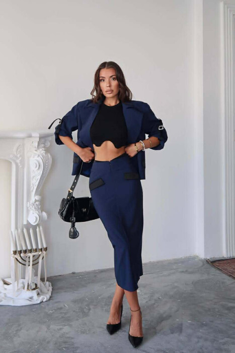 ONE COLOR SIMPLE JACKET+SKIRT WOMEN SET BLUE/BLU - KLAUDIO FASHION