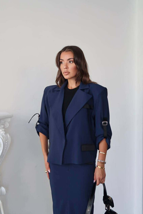 ONE COLOR SIMPLE JACKET+SKIRT WOMEN SET BLUE/BLU - 4