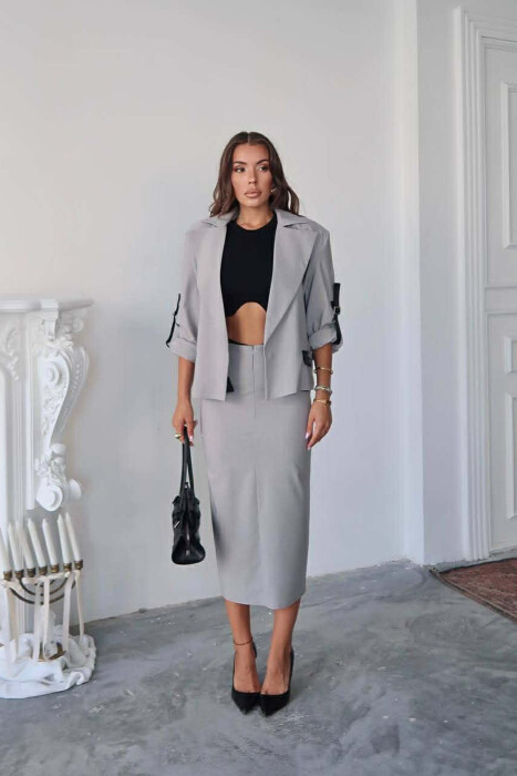 ONE COLOR SIMPLE JACKET+SKIRT WOMEN SET GREY/GRI 