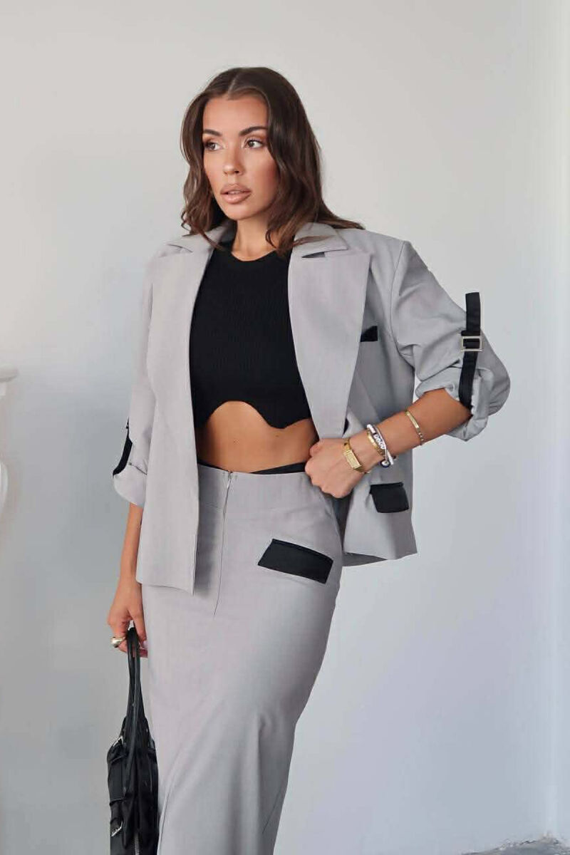 ONE COLOR SIMPLE JACKET+SKIRT WOMEN SET GREY/GRI - 2