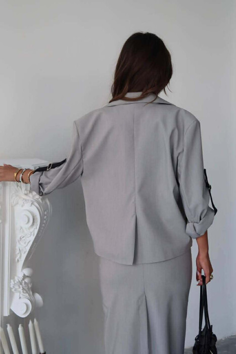 ONE COLOR SIMPLE JACKET+SKIRT WOMEN SET GREY/GRI - 3