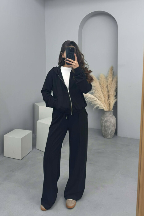 ONE COLOR SIMPLE JACKET+SWEATPANTS WOMEN SET BLACK/ E ZEZE - KLAUDIO FASHION