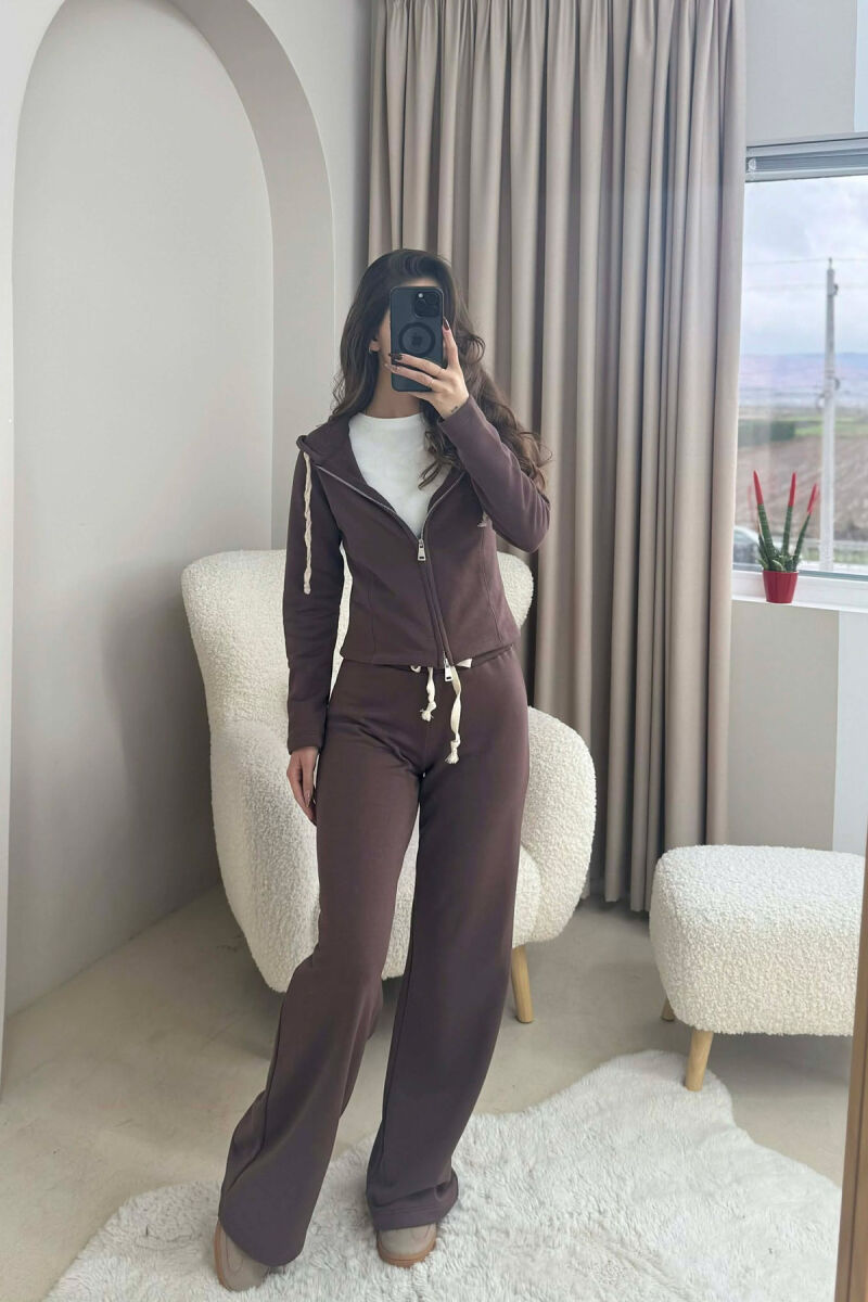 ONE COLOR SIMPLE JACKET+SWEATPANTS WOMEN SET BROWN/KAFE - 1