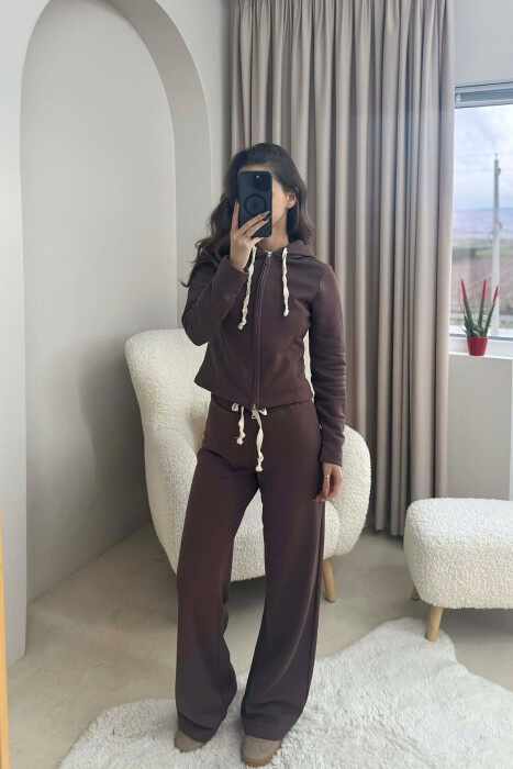 ONE COLOR SIMPLE JACKET+SWEATPANTS WOMEN SET BROWN/KAFE - 2