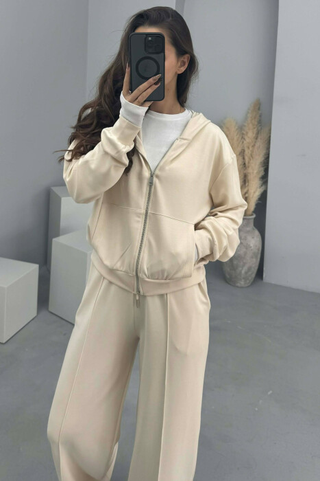 ONE COLOR SIMPLE JACKET+SWEATPANTS WOMEN SET CREAM/KREM - 2