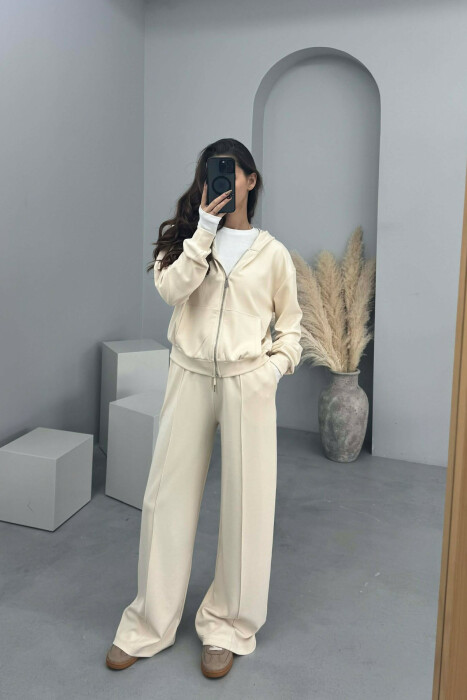 ONE COLOR SIMPLE JACKET+SWEATPANTS WOMEN SET CREAM/KREM - 3