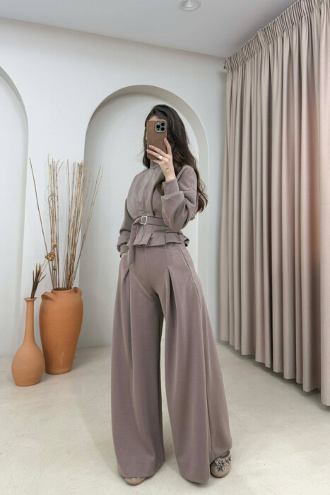 ONE COLOR SIMPLE JACKET+TROUSERS WOMEN SET LIGHT BROWN/KAZB 