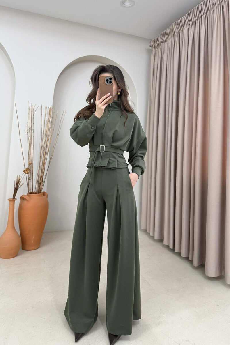 ONE COLOR SIMPLE JACKET+TROUSERS WOMEN SET OLIVE/ULLI - 1