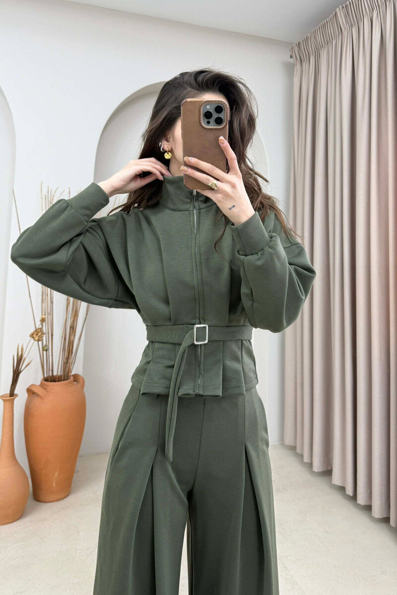 ONE COLOR SIMPLE JACKET+TROUSERS WOMEN SET OLIVE/ULLI - 3