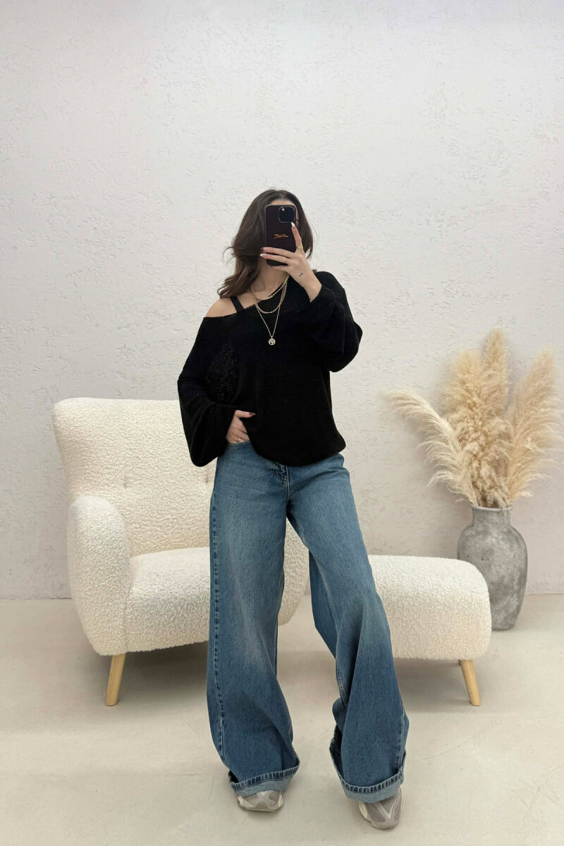 ONE COLOR SIMPLE KNITTED WOMEN SWEATER BLACK/ E ZEZE - 2