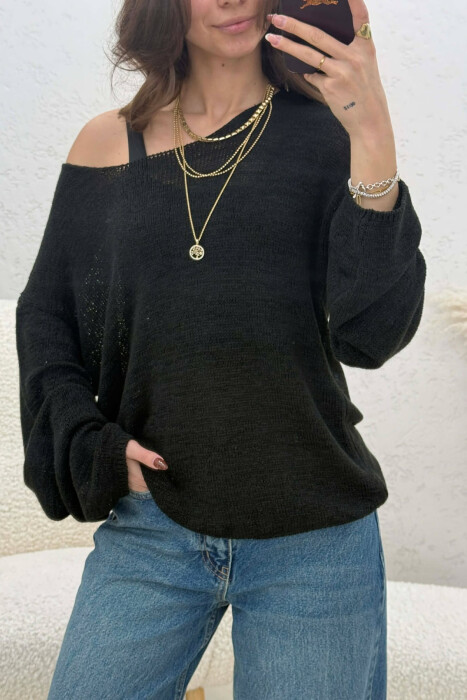 ONE COLOR SIMPLE KNITTED WOMEN SWEATER BLACK/ E ZEZE - 3