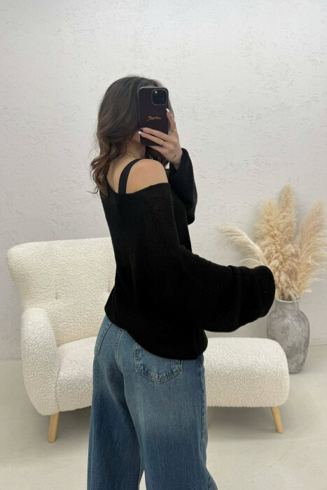ONE COLOR SIMPLE KNITTED WOMEN SWEATER BLACK/ E ZEZE - 4