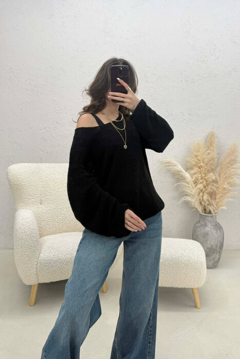 ONE COLOR SIMPLE KNITTED WOMEN SWEATER BLACK/ E ZEZE 