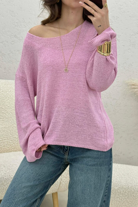 ONE COLOR SIMPLE KNITTED WOMEN SWEATER POWDER/PUDER - 1