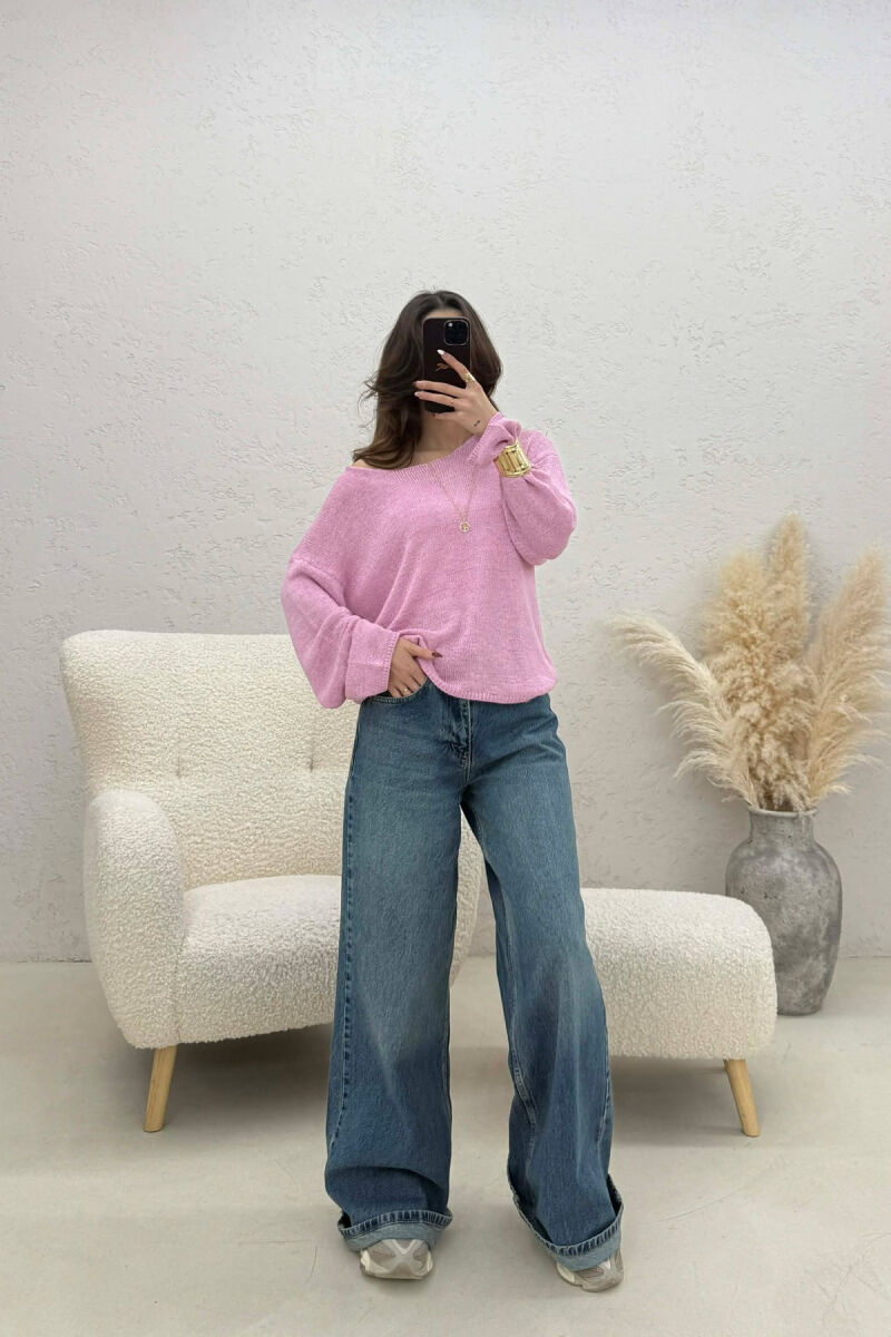 ONE COLOR SIMPLE KNITTED WOMEN SWEATER POWDER/PUDER - 2