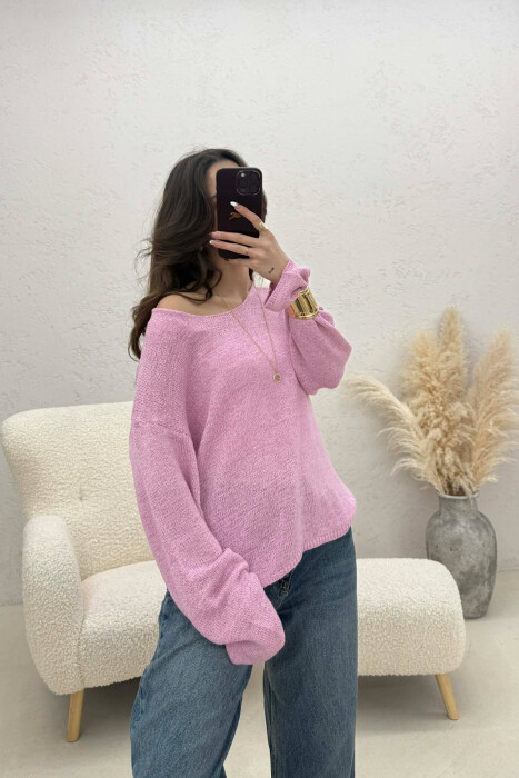 ONE COLOR SIMPLE KNITTED WOMEN SWEATER POWDER/PUDER - 4