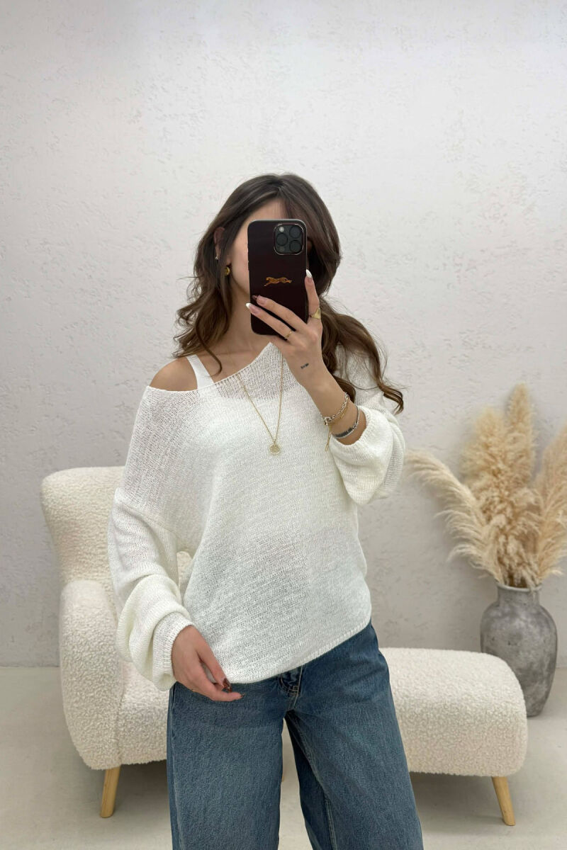 ONE COLOR SIMPLE KNITTED WOMEN SWEATER WHITE-E BARDHE - 1