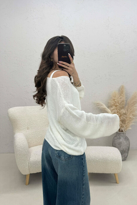 ONE COLOR SIMPLE KNITTED WOMEN SWEATER WHITE-E BARDHE - 2