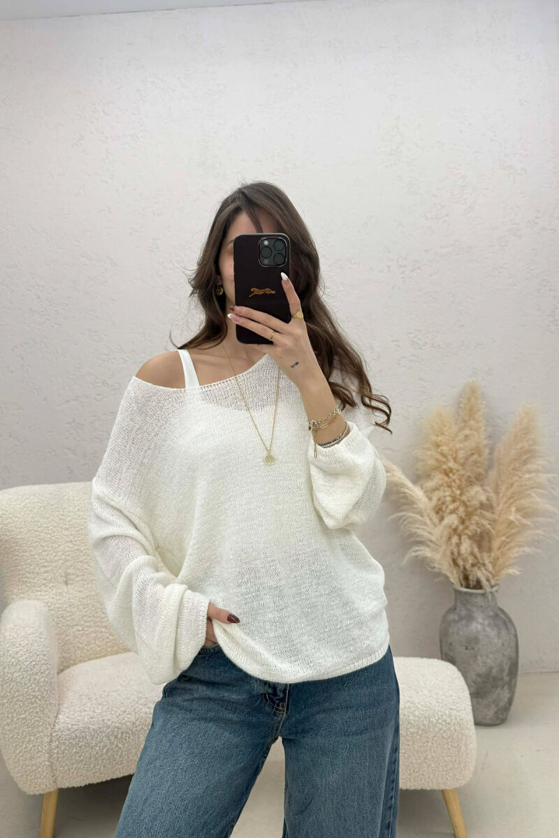 ONE COLOR SIMPLE KNITTED WOMEN SWEATER WHITE-E BARDHE - 3