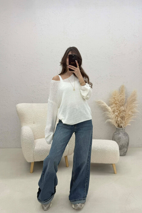 ONE COLOR SIMPLE KNITTED WOMEN SWEATER WHITE-E BARDHE - 4