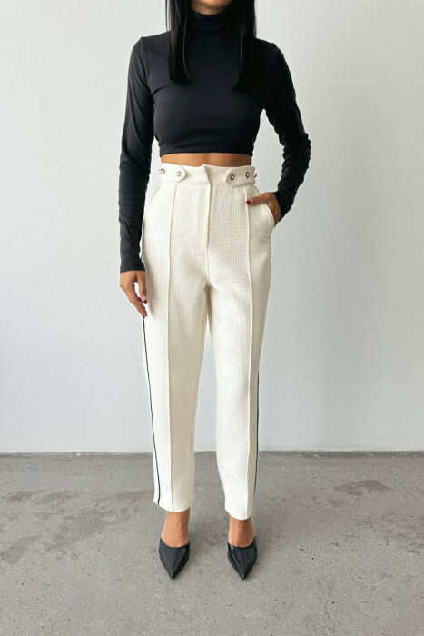 ONE COLOR SIMPLE KNITTED WOMEN TROUSERS CREAM/KREM - 1