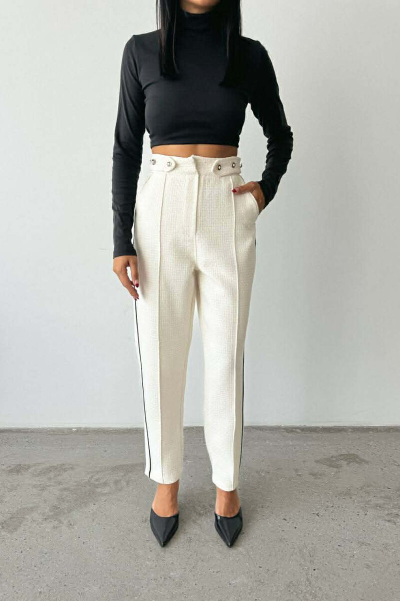 ONE COLOR SIMPLE KNITTED WOMEN TROUSERS CREAM/KREM - 1
