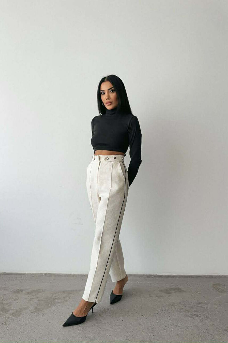 ONE COLOR SIMPLE KNITTED WOMEN TROUSERS CREAM/KREM - 2