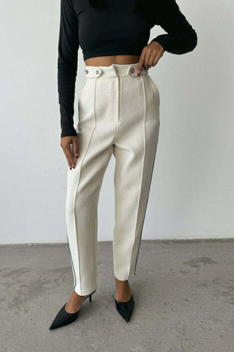 ONE COLOR SIMPLE KNITTED WOMEN TROUSERS CREAM/KREM - 3