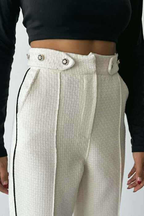 ONE COLOR SIMPLE KNITTED WOMEN TROUSERS CREAM/KREM - 4