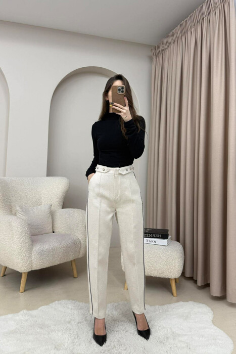 ONE COLOR SIMPLE KNITTED WOMEN TROUSERS CREAM/KREM - 2