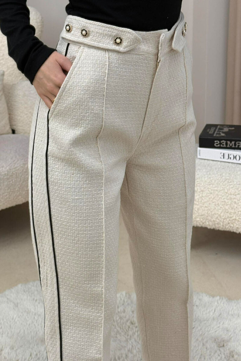 ONE COLOR SIMPLE KNITTED WOMEN TROUSERS CREAM/KREM - 3