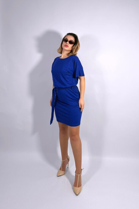 ONE COLOR SIMPLE LACING WOMEN DRESS BLUE/BLU - 2