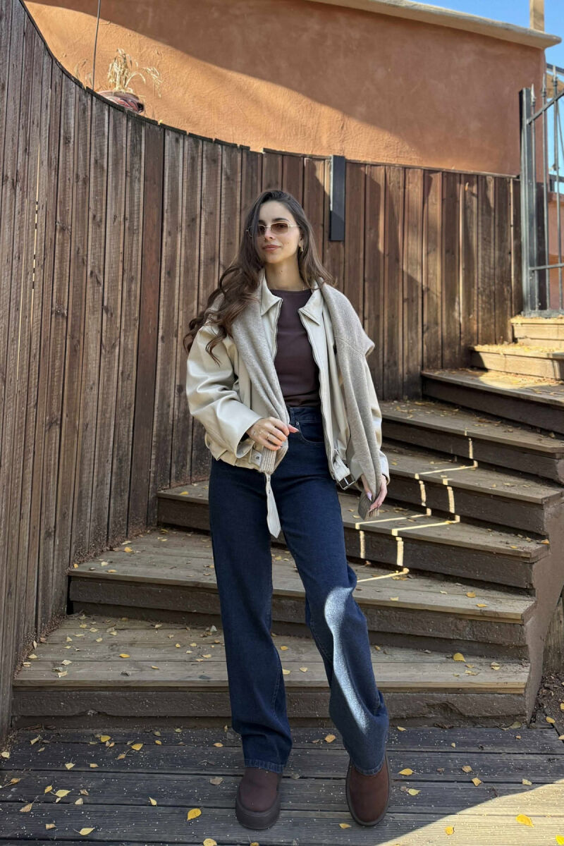 ONE COLOR SIMPLE LEATHER WOMEN JACKET BEIGE/BEZHE - 1