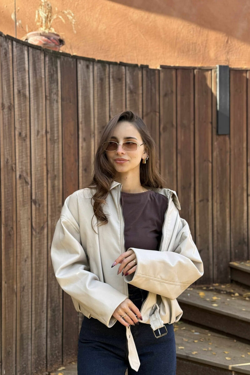 ONE COLOR SIMPLE LEATHER WOMEN JACKET BEIGE/BEZHE - 2