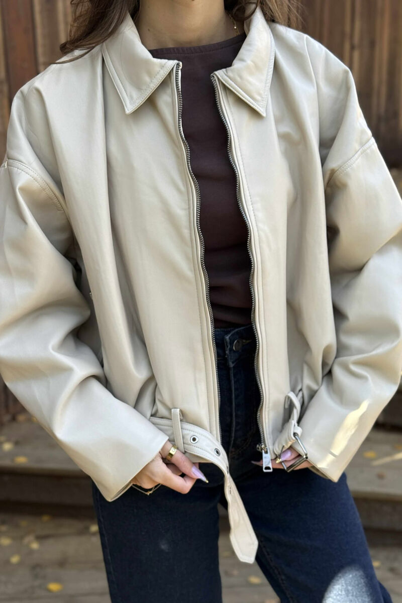 ONE COLOR SIMPLE LEATHER WOMEN JACKET BEIGE/BEZHE - 3