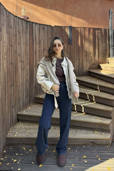 ONE COLOR SIMPLE LEATHER WOMEN JACKET BEIGE/BEZHE - 4