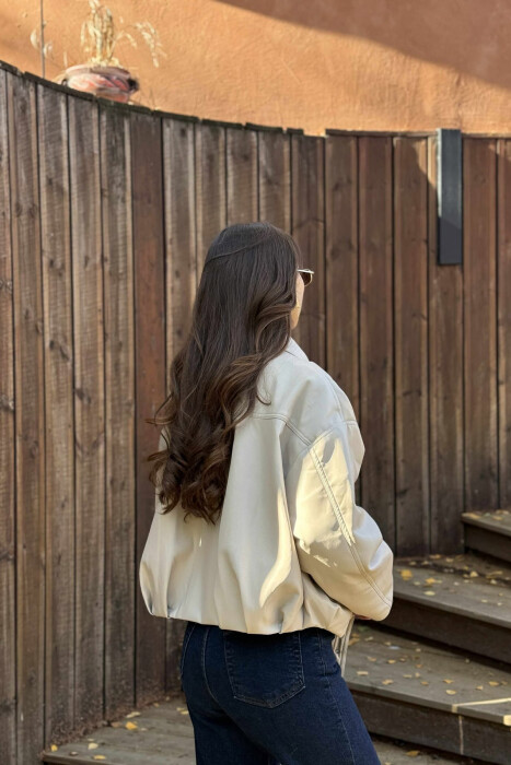 ONE COLOR SIMPLE LEATHER WOMEN JACKET BEIGE/BEZHE - 5
