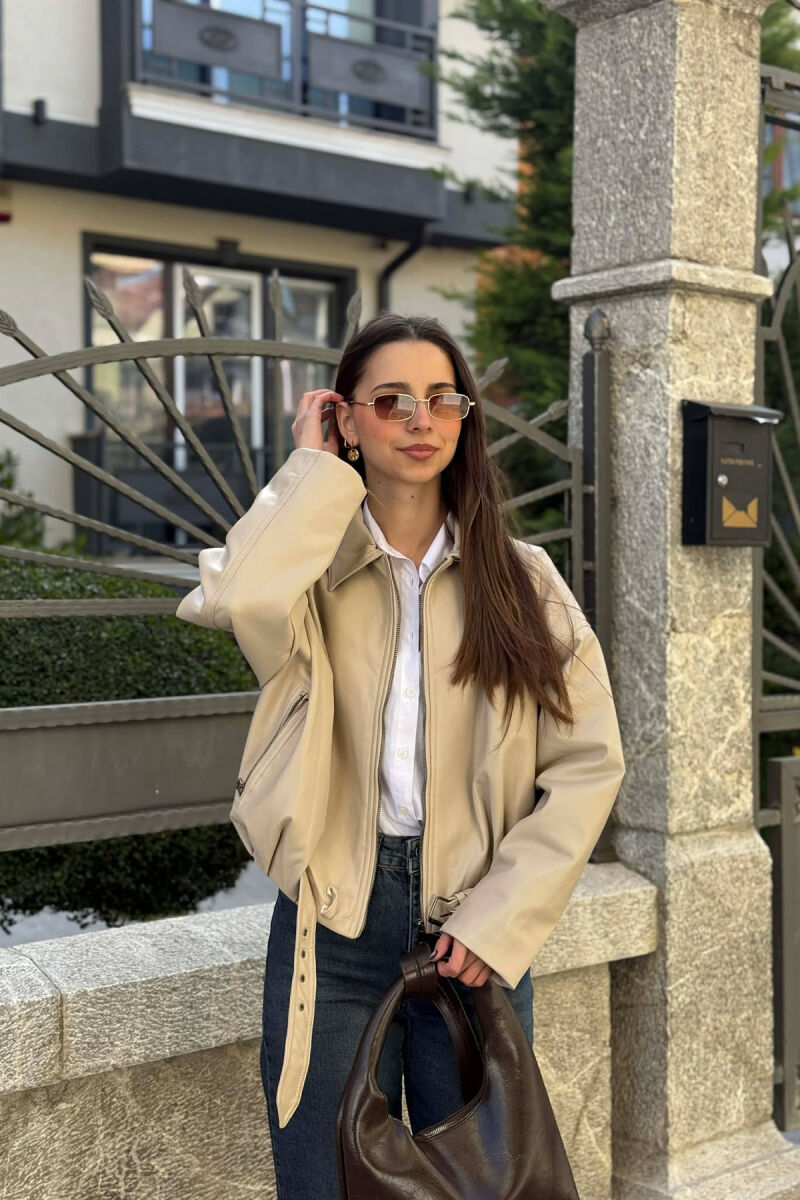 ONE COLOR SIMPLE LEATHER WOMEN JACKET BEIGE/BEZHE - 1