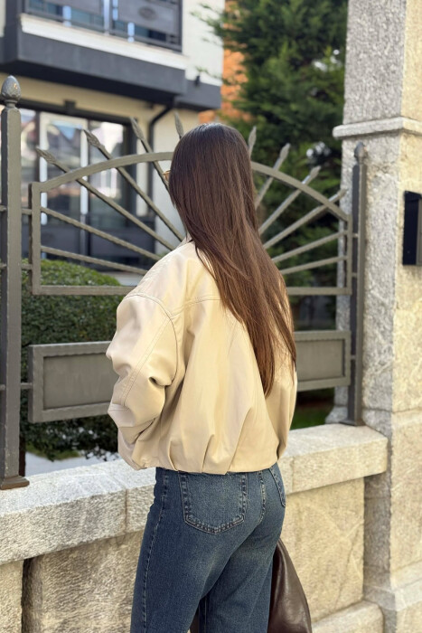 ONE COLOR SIMPLE LEATHER WOMEN JACKET BEIGE/BEZHE - 2
