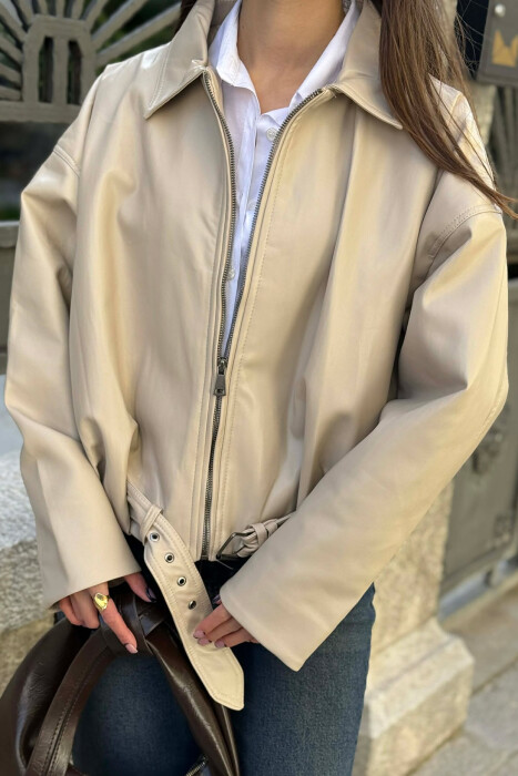 ONE COLOR SIMPLE LEATHER WOMEN JACKET BEIGE/BEZHE - 3