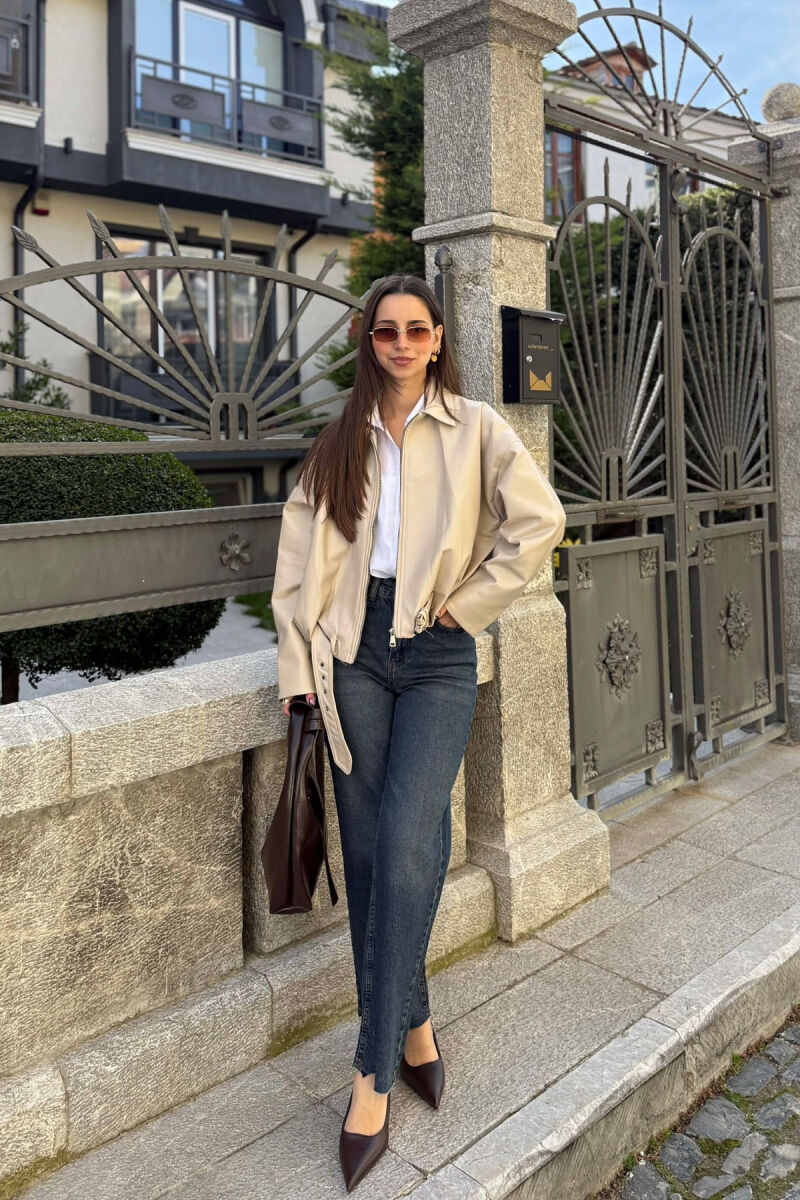 ONE COLOR SIMPLE LEATHER WOMEN JACKET BEIGE/BEZHE - 5